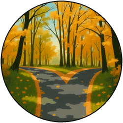 Circular graphic of two roads in a yellow wood