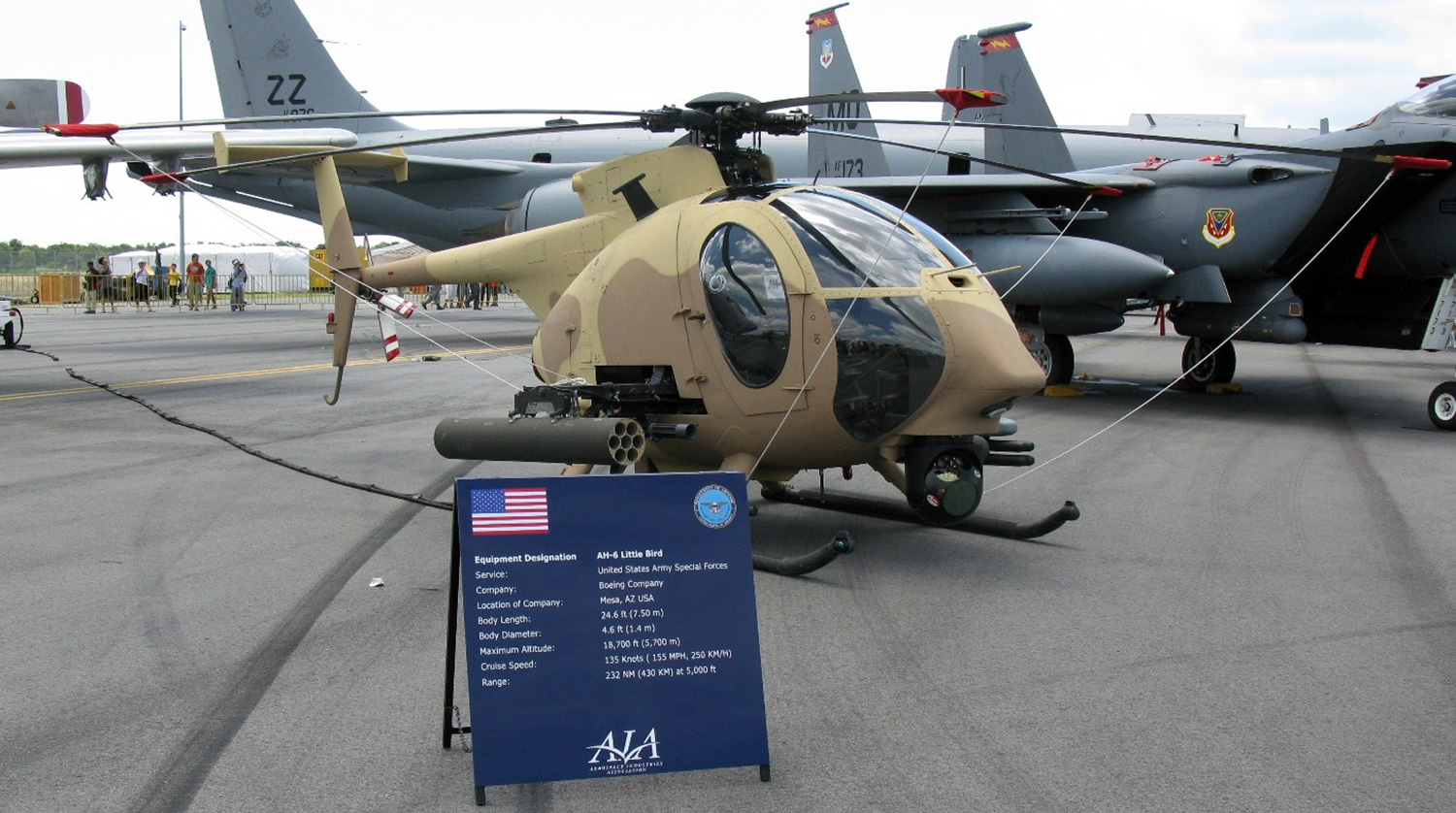 Photo of a Hughes 500 in desert tan retrofitted as an RPV (remote piloted vehicle)