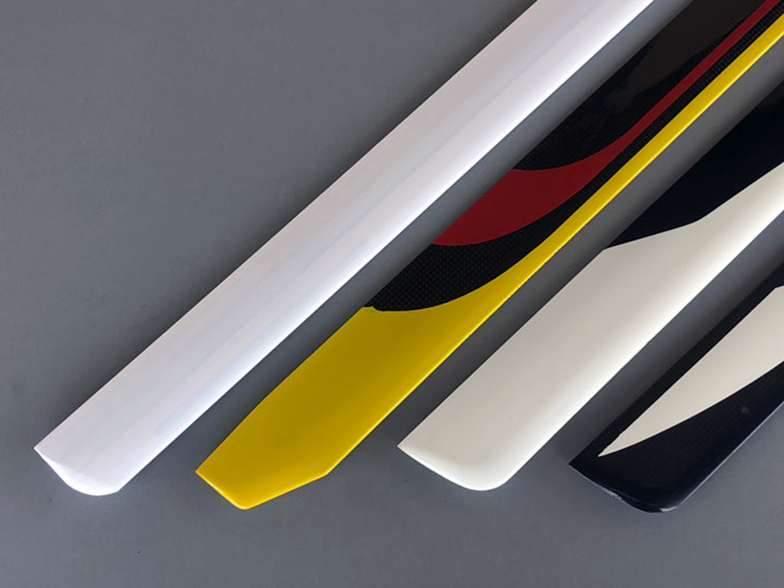 Close up of four sets of 600-class helicopter blades
