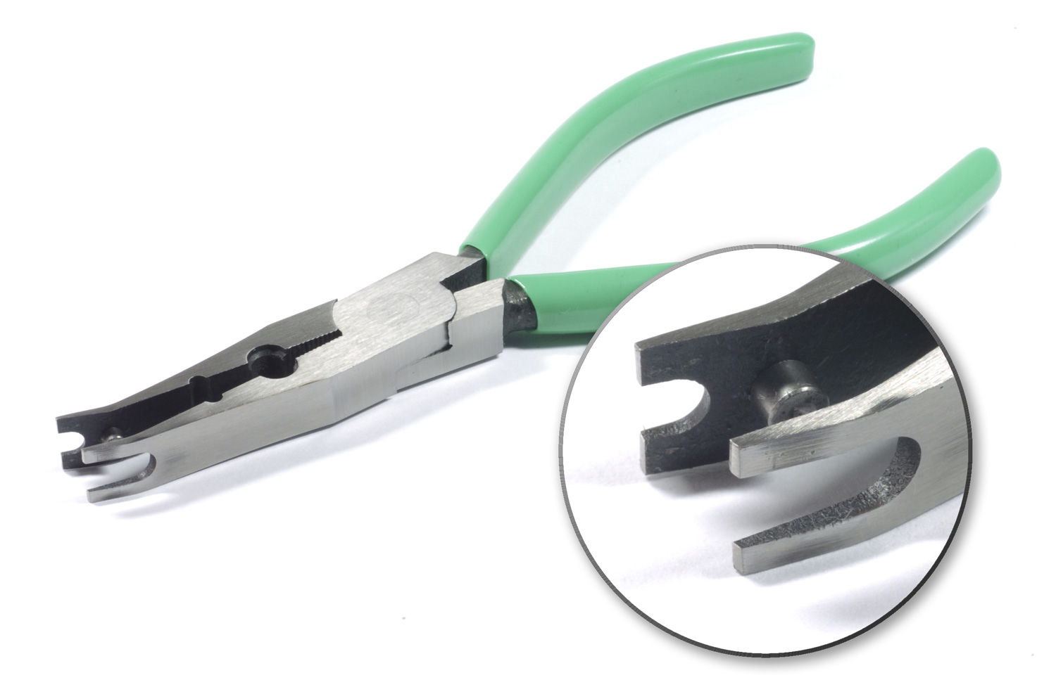 Photo of green handle ball link pliers with a inset close up of the working end of the tool