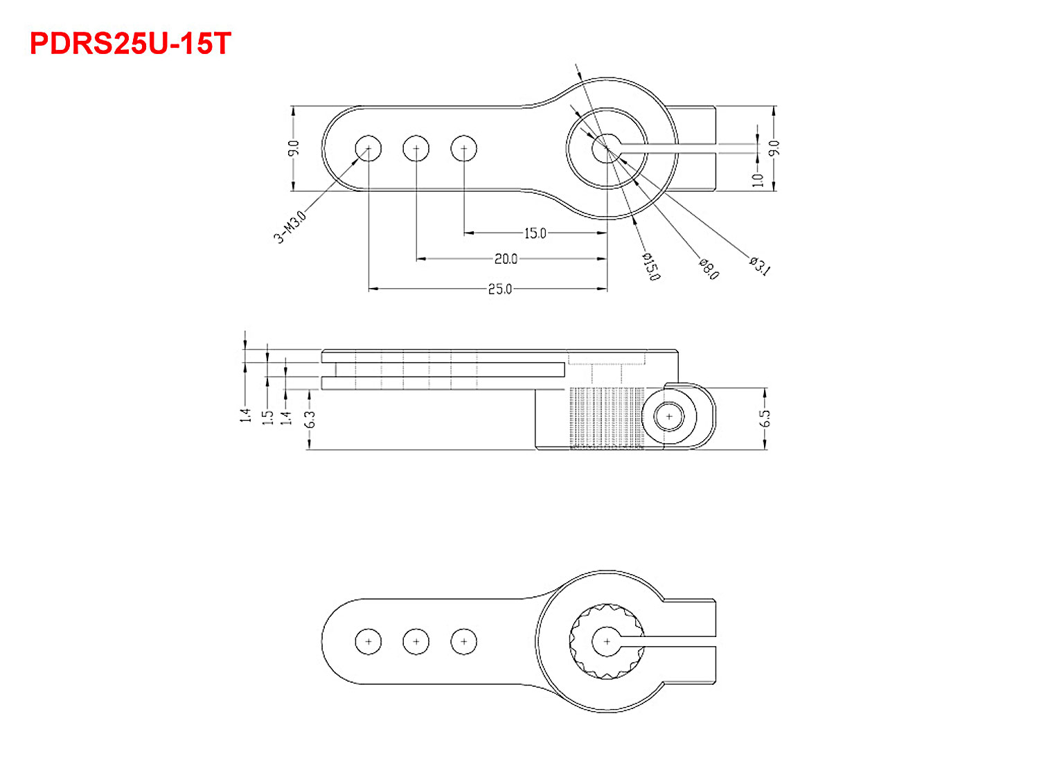 Dimensioned drawing of the ProModeler PDRS25U-15T alloy servo arm