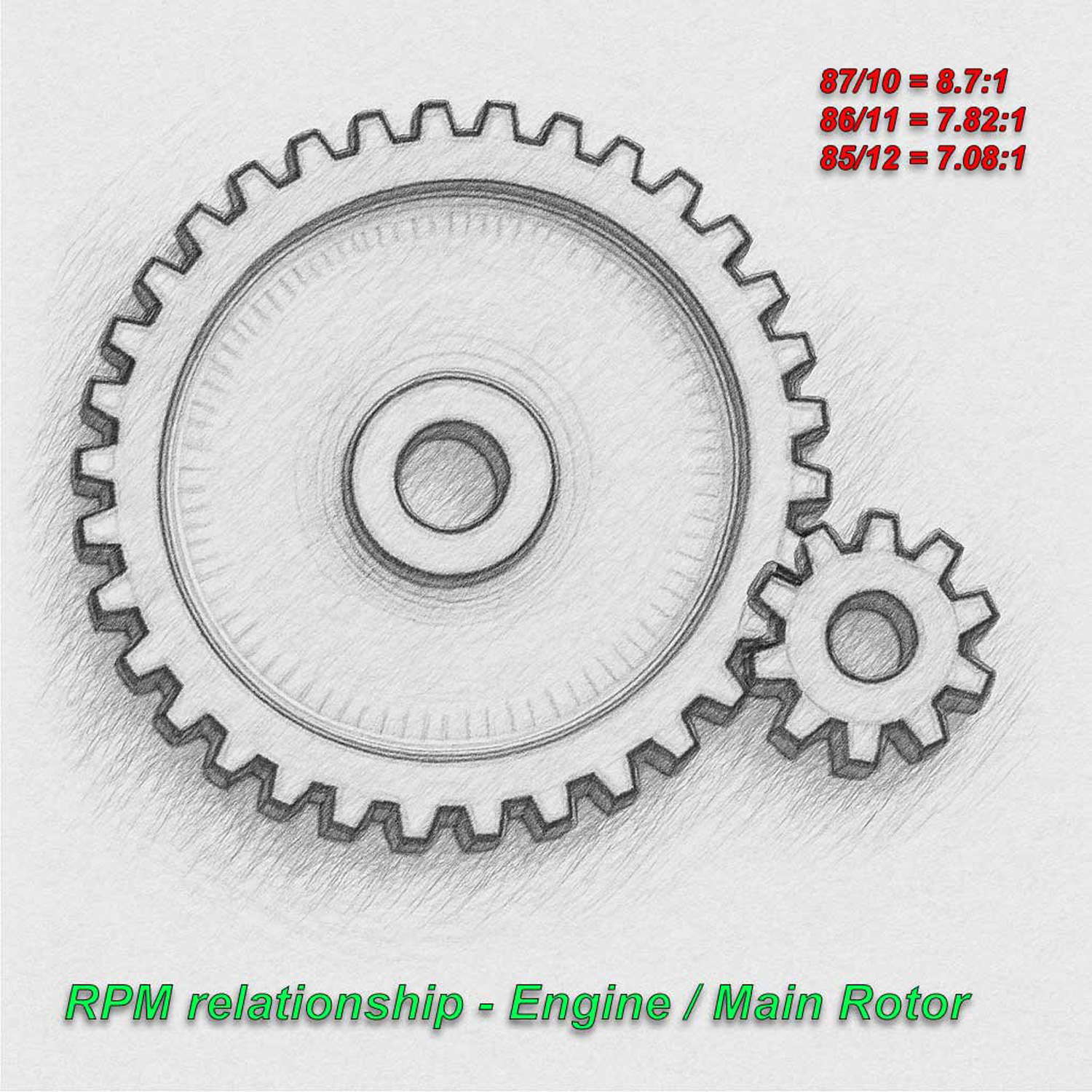 Sketch showing a set of spur and pinion gears to show the relationship between engine RPM and main rotor RPM