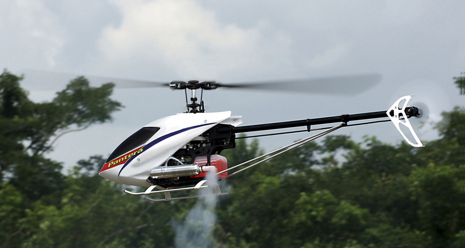 Pantera P6 model helicopter settled into a hover with skids at eye level against a backdrop of trees