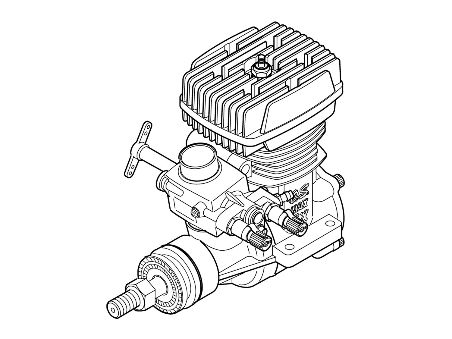 Line drawing of an OS Max 61SX-H engine for remote control helicopters
